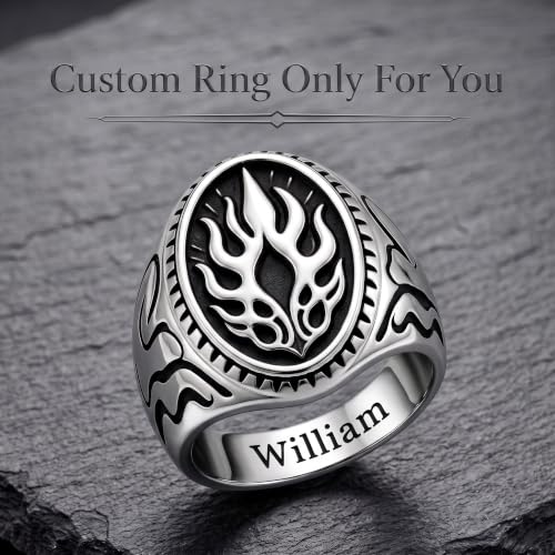 Dacc & Aya Custom Engraved Vintage Signet Ring 925 Sterling Silver Black Oxidized Personalized Statement Jewelry for Men - style: B-Flame