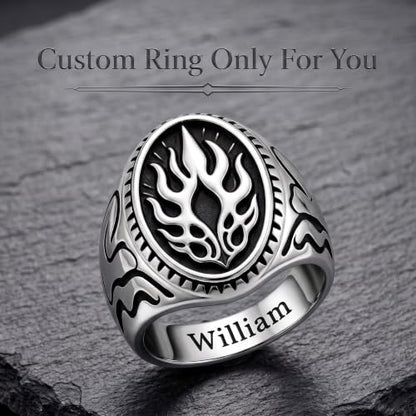Dacc & Aya Custom Engraved Vintage Signet Ring 925 Sterling Silver Black Oxidized Personalized Statement Jewelry for Men - style: B-Flame