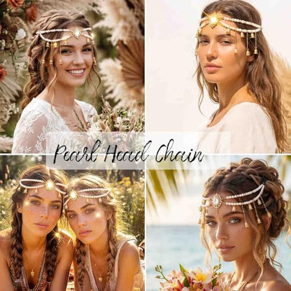 Yokawe Pearl Head Chain with Crystal Pendant, Gold Boho Hair Accessories, Rhinestone Bridal Headpiece, Festival Jewelry for Women