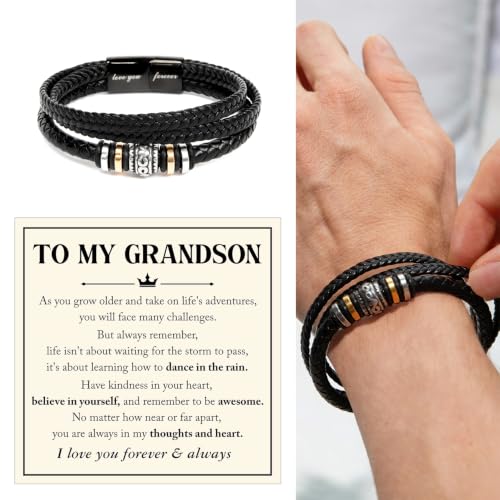 To My GrandSon Bracelet – Love You Forever Braided Leather Bracelet, Meaningful GrandSon Gift from Grandpa & Grandma with Heartfelt Message Card & Elegant Gift Box for Birthday, Christmas - color: Version#7