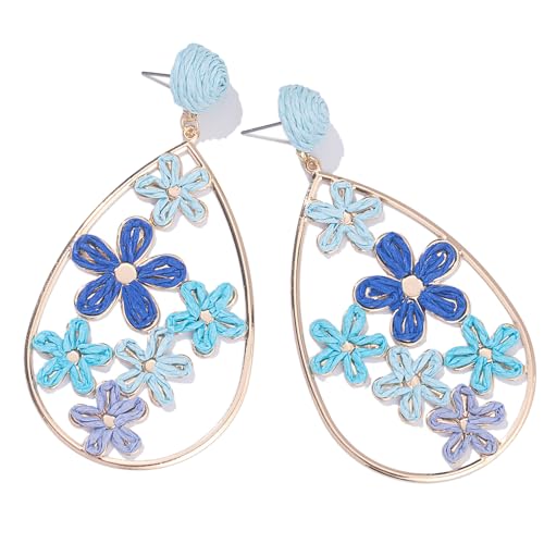 Boho Raffia Flower Teardrop Earrings Cute Colorful Dangle Trendy Jewelry | Floral Drop Statement Big Dangling Earring Hypoallergenic Gold Fun Unique Summer Spring Beach Vacation Outfits for Women - color: Blue