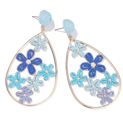 Boho Raffia Flower Teardrop Earrings Cute Colorful Dangle Trendy Jewelry | Floral Drop Statement Big Dangling Earring Hypoallergenic Gold Fun Unique Summer Spring Beach Vacation Outfits for Women - color: Blue