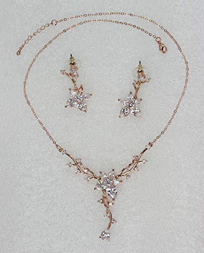 Faship Gorgeous CZ Crystal Floral Necklace Earrings Set - color: Clear/Rose-Gold