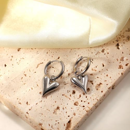 Charm Heart Huggie Hoop Earrings for Women,Lightweight 14K Gold Plated Love Heart Drop Dangle Earrings Minimalist Jewelry - color: Silver heart hoop earrings