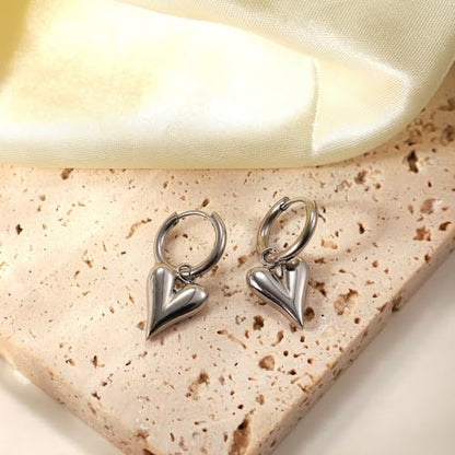 Charm Heart Huggie Hoop Earrings for Women,Lightweight 14K Gold Plated Love Heart Drop Dangle Earrings Minimalist Jewelry - color: Silver heart hoop earrings