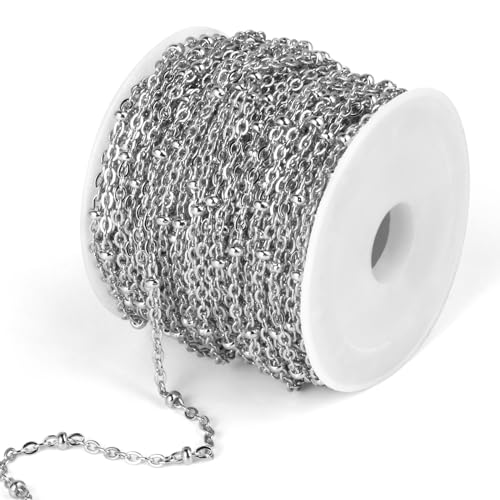 33FT 2mm Stainless Steel Satellite Cable Chain Roll Bulk for Jewelry Making | 304 Stainless Steel Flat Cable Link Ball Beaded Satellite Chains Spool for DIY Craft - color: Stainless Steel Small Beads Satellite Cable Chain