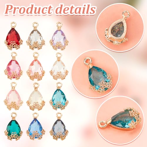 PH PandaHall 60pcs Teardrop Pendants, 12 Colors Transparent Faceted Charms Resin Crystal Pendants with Light Gold Alloy Accessory for Necklace Earring Bracelet Jewelry Craft Making, 20x12.5mm