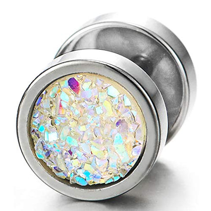 10mm Women Mens Black Circle Stud Earrings Black Glitter, Steel Cheater Fake Ear Plugs Gauges Tunnel - color: Metal color: Silver; Stone color: Colorful-01