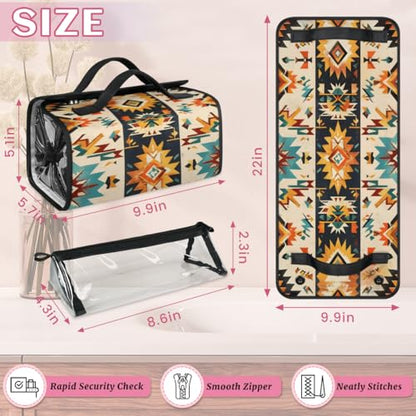 Boho Aztec Western Hanging Roll Up Cosmetic Bag with 4 Removable Storage Bags Waterproof Foldable Toiletry Kit for Women - color: Multicolor 14