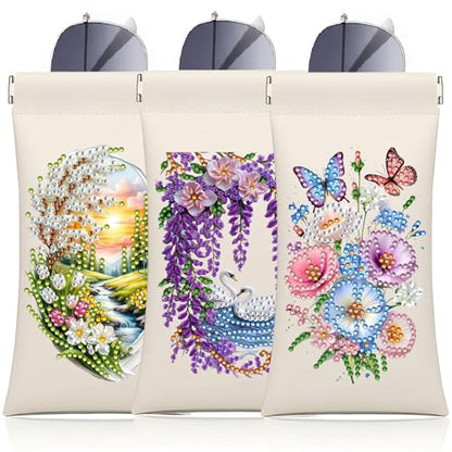 Diamond Art Painting Eye Glass Bag PU Sunglasses Glasses Storage Bag Built-in Glasses Cloth Press Automatic Closure - color: 3pcs-03