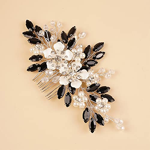 Kercisbeauty Black Crystal Silver Hair Comb Wedding Bridal Hair Accessories with Rhinestones Shiny Handmade Jewelry for Women (Black) - color: Black