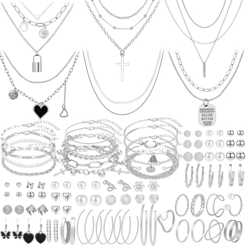 NEWITIN 100 Pcs Gold Silver Jewelry Set for Women Fashion Costume Jewelry | Bohemian Jewelry, Cubic Zirconia, Gold Plated Necklace Bracelet Ring Ear Cuff Earrings Set for Women Party Daily, Women Gifts - color: Silver