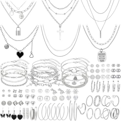 NEWITIN 100 Pcs Gold Silver Jewelry Set for Women Fashion Costume Jewelry | Bohemian Jewelry, Cubic Zirconia, Gold Plated Necklace Bracelet Ring Ear Cuff Earrings Set for Women Party Daily, Women Gifts - color: Silver