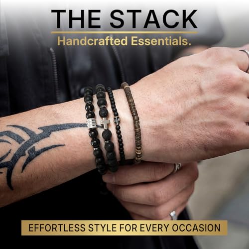 Flybar Men's 4 Piece Beaded Bracelet Set, Natural Lava Stone Black Onyx Matte Agate Tiger Eye, Stretchable Elastic Handmade Stackable - color: CD02 Skull Cross Rock