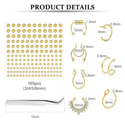 Fake Eyebrow Ring Fake Lip Labret Studs Replacement Balls Spike with 100pcs Sticker Non-Piercing Body Jewelry Fake Skin Piercing - color: F3-Gold
