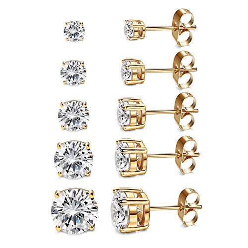 Kainier Women's 14K Gold Plated CZ Stud Earrings Simulated Diamond Round Cubic Zirconia Ear Stud Set（5 Pairs)… - color: Gold