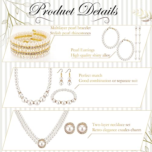 Bonuci 12 Pcs Women Pearl Jewelry Set Pearl Necklace Bracelet Earrings with Rhinestone for Wedding Birthday Bridal Tea Party - style: Novel Style