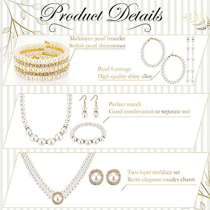 Bonuci 12 Pcs Women Pearl Jewelry Set Pearl Necklace Bracelet Earrings with Rhinestone for Wedding Birthday Bridal Tea Party - style: Novel Style