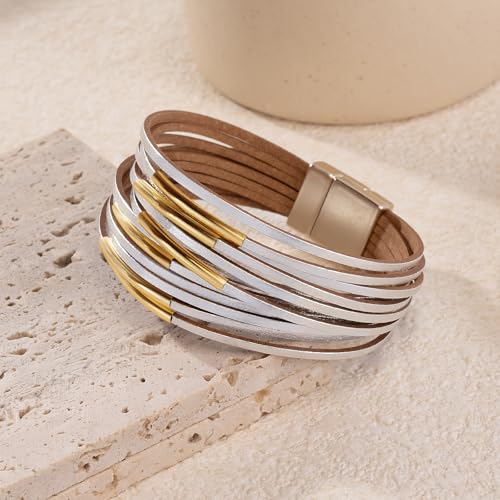 Wrapped Bracelets for Women,Leather Boho Bracelets for Women - color: Leather-Silver