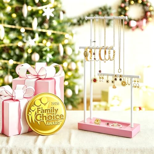 SRIWATANA Pink & White Extra Tall Necklace Holder, Jewelry Display Stand | Sturdy Tall Jewelry Organizer; Chic necklace organizer to Display Long Necklaces, Pendants, Chains Without Tangling - color: Pink & White