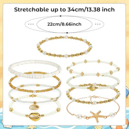 8Pcs Boho Shell Anklets Set, Adjustable Summer Beach Foot Jewelry | Handmade Seashell Starfish Ankle Bracelets for Women, Ocean Accessories for Summer Vacations, Hawaiian Trips or Pool Parties