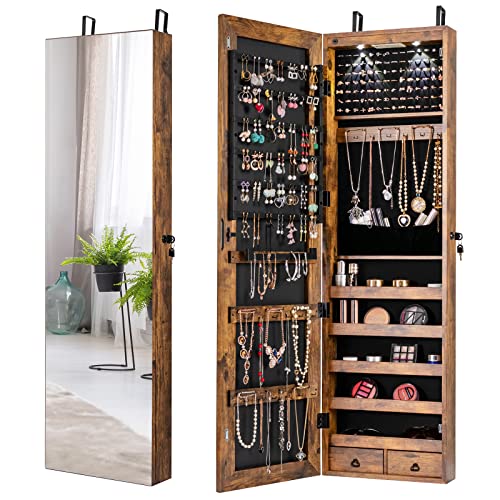 Giantex Wall Door Mounted Jewelry Armoire Cabinet with 47.5" H Full Length Mirror, 2 LEDs Lockable Jewelry Organizer Box with Bracelet Rod, 2 Drawers, Large Storage Capacity (Rustic Brown) - color: Rustic Brown, size: 47.5'' H