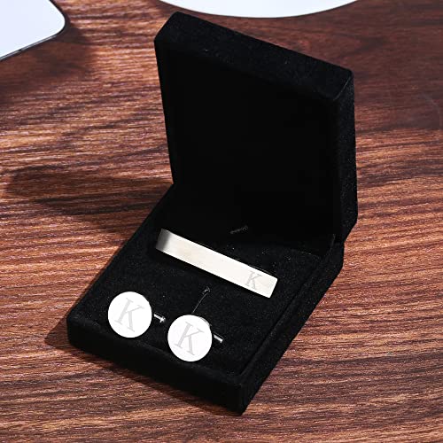 Initial Cuff Links Mens and Tie Clips for Men | Classic Silver Letter Alphabet A-Z Cufflinks and Tie Bar Set, Gifts for Men Father Husband for Formal Business Wedding - style: K