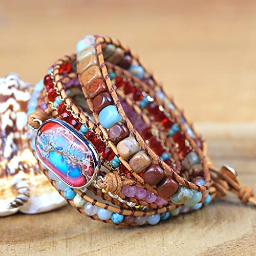 Women Wrap Bracelet Boho Natural Jasper Crystal Stone Beads Strand Bracelets - color: Style 12-Emperor Stone