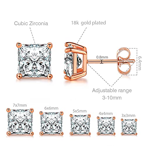 MDFUN 5 Pairs Square Earrings Set for Women Hypoallergenic 18K White Gold/Yellow Gold/Rose Gold Plated Princess Cut Clear Cubic Zirconia Stud Earring 3-7MM Pack of 5 - color: Rose Gold