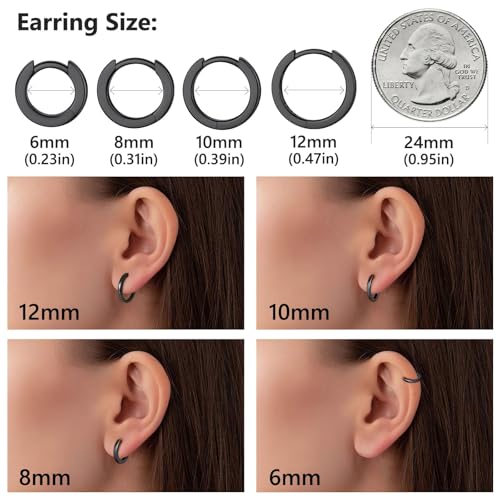 925 Sterling Silver Huggie Hoop Earrings, Small Silver Hoop Earrings for Women Hypoallergenic Huggie Lightweight Small Hoops Earring Cartilage Sleeper Earrings 6/8/10/12/14/16/18/20mm - color: Black, size: 12MM