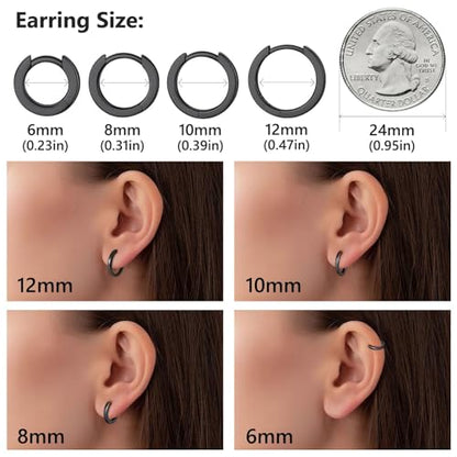 925 Sterling Silver Huggie Hoop Earrings, Small Silver Hoop Earrings for Women Hypoallergenic Huggie Lightweight Small Hoops Earring Cartilage Sleeper Earrings 6/8/10/12/14/16/18/20mm - color: Black, size: 12MM
