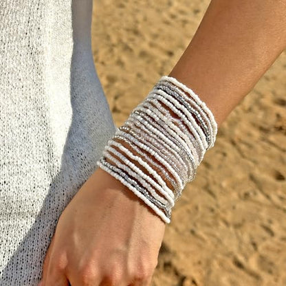 16-30Pcs Handmade Bohemian Colorful Crystal Seed Beads Stackable Adjustable Elastic Stretch Multilayerd Bracelets for Women Summer Vacation Beach Boho Bangle Jewelry - color: white