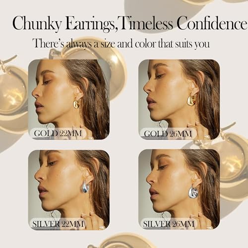 OOOPEL Gold Hoop Earrings for Women,925 Sterling Silver Chunky Hoop Earrings Hypoallergenic Lightweight 14K Gold Plated Thick Gold Hoops for Women 22mm 26mm - color: Silver-22MM