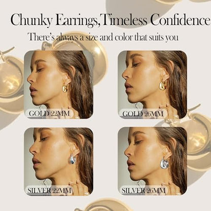 OOOPEL Gold Hoop Earrings for Women,925 Sterling Silver Chunky Hoop Earrings Hypoallergenic Lightweight 14K Gold Plated Thick Gold Hoops for Women 22mm 26mm - color: Silver-22MM