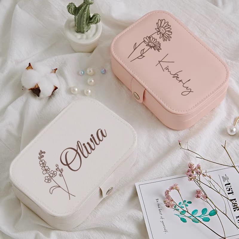 Personalized Jewelry Box Gifts for Women Custom Travel Jewelry Case Organization Leather Customized Birthday Anniversary Bridesmaid Gifts - color: 001-White-Flower