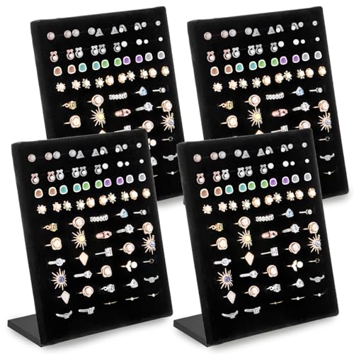 Hiceeden 4 Pack Velvet Ring Display Stand, 50 Slots Rings Organizer Jewelry Display Tray, L-Shaped Ring Holder Display for Selling Earrings Rings, Black
