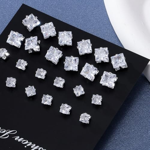 KISS WIFE CZ Stud Earrings Set for Women, Cubic Zirconia Stud Earrings in Multiple Sizes, Triangle Oval Heart Round Pearl Square Earrings, Hypoallergenic Silver Stud Earrings for Cartilage Piercing Jewelry - style: Heart+Round+Square+Pearl