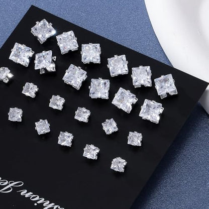KISS WIFE CZ Stud Earrings Set for Women, Cubic Zirconia Stud Earrings in Multiple Sizes, Triangle Oval Heart Round Pearl Square Earrings, Hypoallergenic Silver Stud Earrings for Cartilage Piercing Jewelry - style: Heart+Round+Square+Pearl