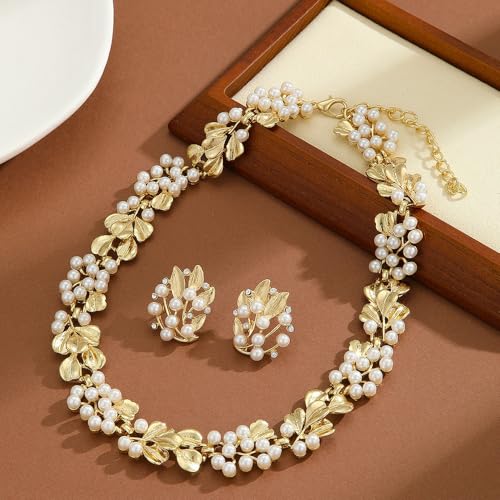 Fashion Bride Silver Gold Plated Bridal Layered Leaf Faux Pearls Necklace Earrings Set Wedding Jewelry Set Choker Necklace Stud Earrings Set for Women
