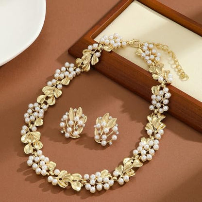 Fashion Bride Silver Gold Plated Bridal Layered Leaf Faux Pearls Necklace Earrings Set Wedding Jewelry Set Choker Necklace Stud Earrings Set for Women
