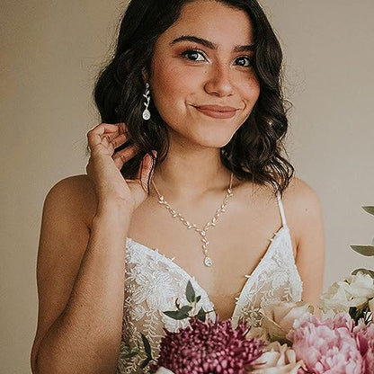 Crysdue Women's Wedding Bridal Jewelry Set for Brides Bridesmaids Cubic Zirconia Flower Leaf Vine Necklace Dangle Earrings for Prom Party - style: 5-gold