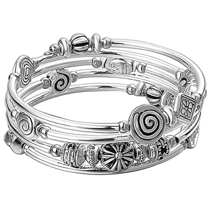 Beaded Pearl Bangle Wrap Bracelet - Fashion Bohemian Jewelry Multilayer Charm Bracelet with Thick Silver Metal Beads, Gift For Women - color: Metal