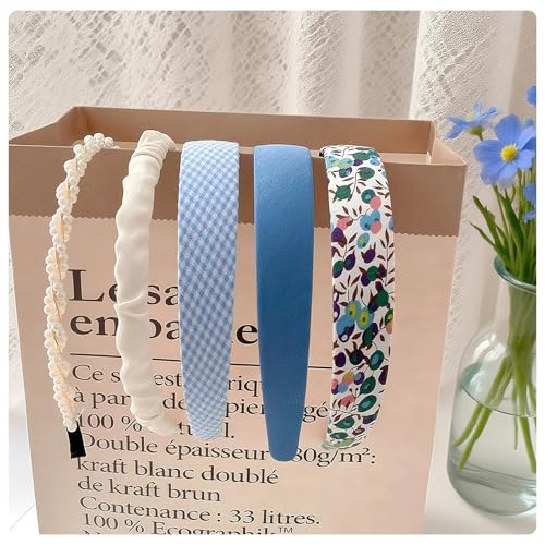Floral Headbands for Girls,5PCS Cute Padded Pearl Headband Ladies Padded Headbands for women Vintage Wide Headband Coquette Accessories (Blue, 6.29“ x 5.11") - color: Blue
