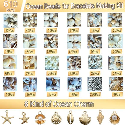 610Pcs Ocean Beads for Bracelets Making Kit, Shell Beads for Jewelry Making, Imitation Boho Shell Turtle Starfish Shape Sea Beach Bead Charms for Summer Sea Dangle Pendant Earring DIY Craft Necklace - color: Beige