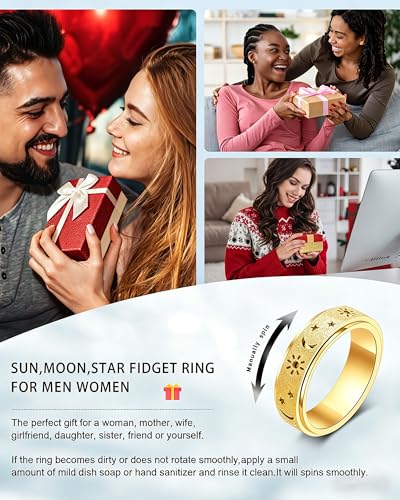Fidget Toys Adults Anxiety Ring Women Men Stress Relief Band Spinner Sun | Celestial Sun Moon Star Stainless Steel Band Hollowed Sandblasted Surface 6mm Width18K Gold Silver Size 6-10 Unisex - color: Gold, size: Size 9
