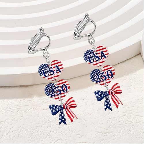 4th of July Independence Day Clip on Earring for Women American Flag Dangle Earrings Patriotic Red White Blue USA Earring, Pave Crystal Stud - color: red bow