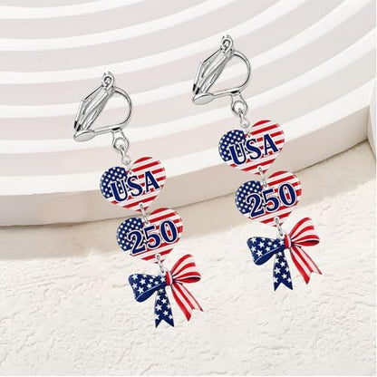 4th of July Independence Day Clip on Earring for Women American Flag Dangle Earrings Patriotic Red White Blue USA Earring, Pave Crystal Stud - color: red bow