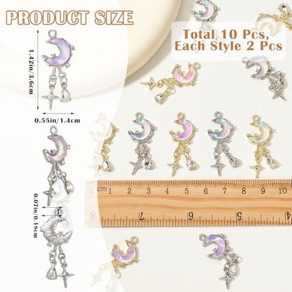 Moon Charms for Jewelry Making Alloy StarCharms Glass Golden Silver Metal Pendants for DIY Earring Bracelet - color: Silver