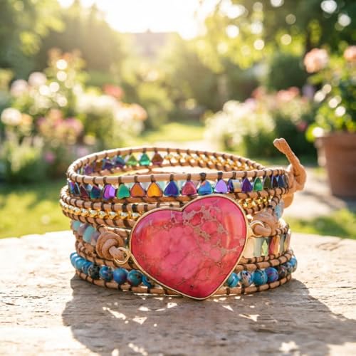 YGLINE Boho Handmade Wrap Leather Tube Crystal Stone Bracelet for Women - color: Heart Jasper