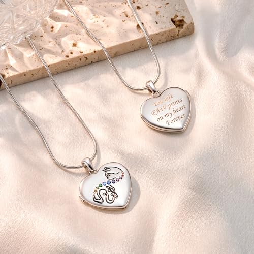 Fanery Sue Personalized Pet Locket Picture Necklace,Dog Cat Memory Gift | Custom Engraved Heart Photo Lockets Necklaces,Dog Cat Sympathy Memorial Jewelry for Women Men - color: Sliver, style: Cat & Dog